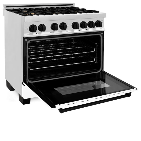 ZLINE Autograph Edition 36 in. 4.6 cu. ft. Legacy Dual Fuel Range with 6 Burner Gas Cooktop and Electric Convection Oven in Stainless Steel with White Matte Door and Matte Black Accents, Open Box-Great Condition