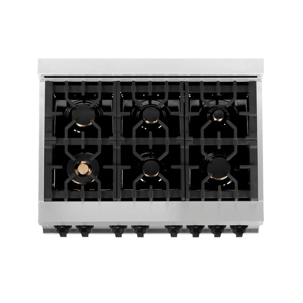 ZLINE Autograph Edition 36 in. 4.6 cu. ft. Legacy Dual Fuel Range with 6 Burner Gas Cooktop and Electric Convection Oven in Stainless Steel with White Matte Door and Matte Black Accents (RAZ-WM-36-MB)