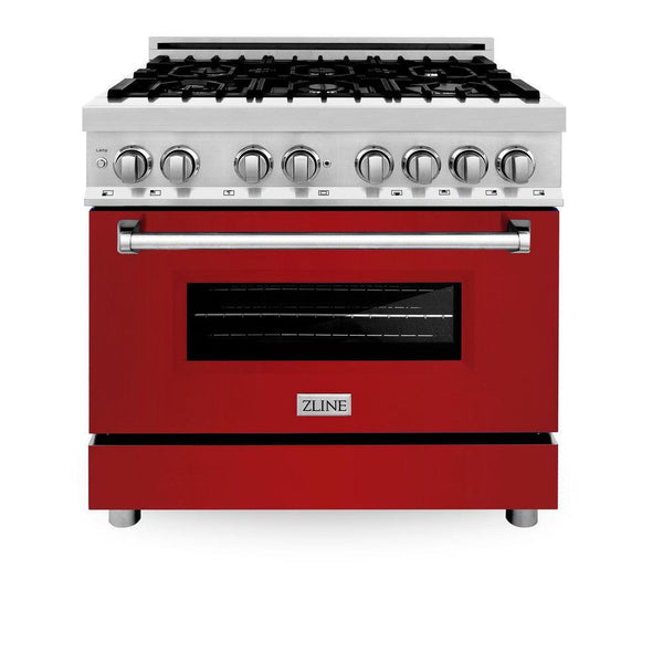 ZLINE 36 in. 4.6 cu. ft. Legacy Dual Fuel Range with 6 Burner Gas Cooktop and Electric Convection Oven in Stainless Steel and Red Gloss Door (RA-RG-36) front, oven closed.