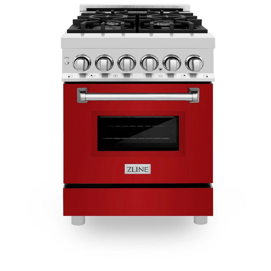 ZLINE 24 in. 2.8 cu. ft. Legacy Dual Fuel Range with 4 Burner Gas Cooktop and Electric Convection Oven in Stainless Steel and Red Gloss Door (RA-RG-24)