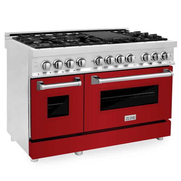 ZLINE 48 in. 6.0 cu. ft. Legacy Dual Fuel Range with 7 Burner Gas Cooktop and 2 Electric Ovens in Stainless Steel and Red Gloss Doors (RA-RG-48)