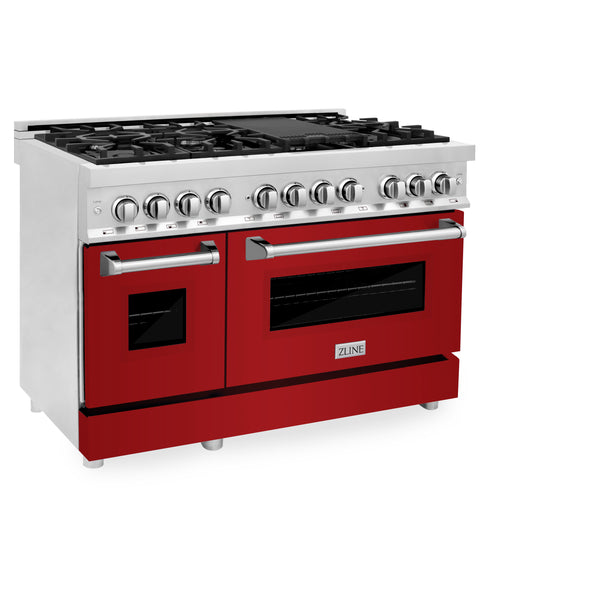 ZLINE 48 in. 6.0 cu. ft. Legacy Dual Fuel Range with 7 Burner Gas Cooktop and 2 Electric Ovens in Stainless Steel and Red Gloss Doors (RA-RG-48)