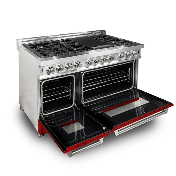 ZLINE 48 in. 6.0 cu. ft. Legacy Dual Fuel Range with 7 Burner Gas Cooktop and 2 Electric Ovens in Stainless Steel and Red Gloss Doors (RA-RG-48)