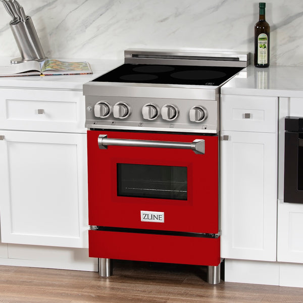 ZLINE 24 in. 2.8 cu. ft. Legacy Induction Range with 4 Element Cooktop and Electric Oven in Stainless Steel and Red Gloss Door, Open Box-Great Condition