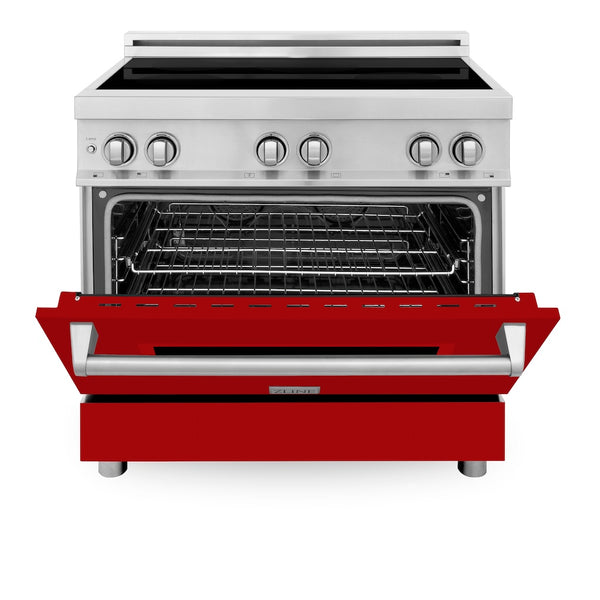 ZLINE 36 in. 4.6 cu. ft. Legacy Induction Range with 5 Element Cooktop and Electric Oven in Stainless Steel and Red Gloss Door, Open Box-Great Condition