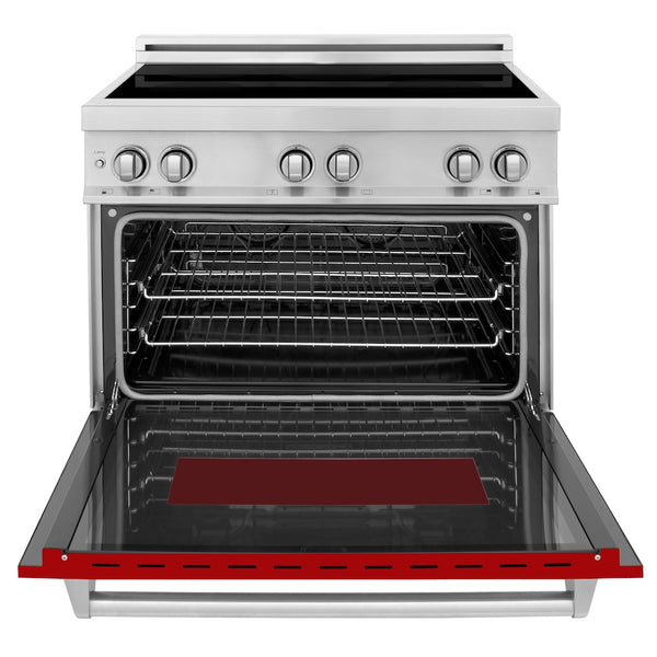 ZLINE 36 in. 4.6 cu. ft. Legacy Induction Range with 5 Element Cooktop and Electric Oven in Stainless Steel and Red Gloss Door, Open Box-Great Condition