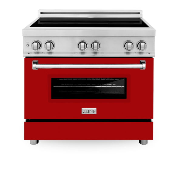 ZLINE 36 in. 4.6 cu. ft. Legacy Induction Range with 5 Element Cooktop and Electric Oven in Stainless Steel and Red Gloss Door, Open Box-Great Condition
