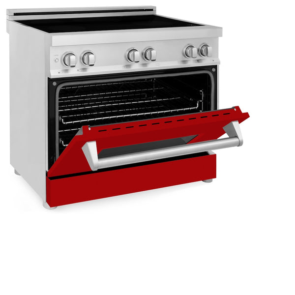 ZLINE 36 in. 4.6 cu. ft. Legacy Induction Range with 5 Element Cooktop and Electric Oven in Stainless Steel and Red Gloss Door, Open Box-Great Condition