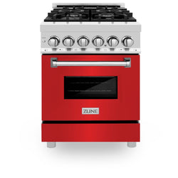 ZLINE 24 in. 2.8 cu. ft. Legacy Dual Fuel Range with 4 Burner Gas Cooktop and Electric Convection Oven in Stainless Steel and Red Matte Door (RA-RM-24)