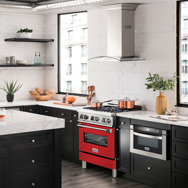 ZLINE 30 in. 4.0 cu. ft. Legacy Dual Fuel Range with 4 Burner Gas Cooktop and Electric Convection Oven in Stainless Steel and Red Matte Door (RA-RM-30)