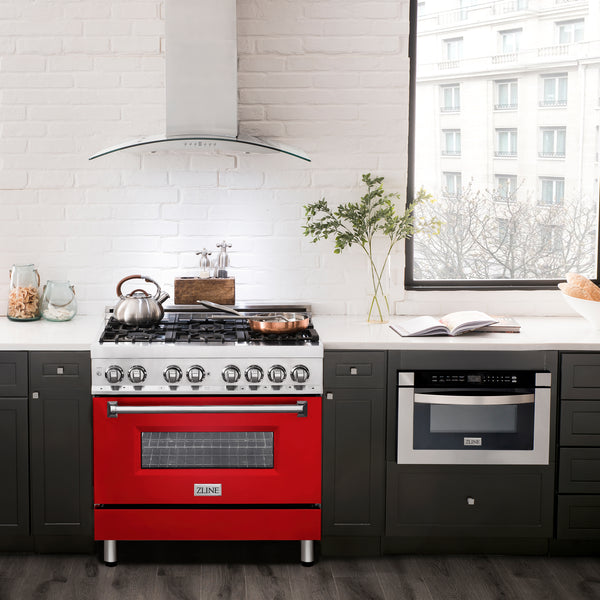 ZLINE 36 in. 4.6 cu. ft. Legacy Dual Fuel Range with 6 Burner Gas Cooktop and Electric Convection Oven in Stainless Steel and Red Matte Door (RA-RM-36)