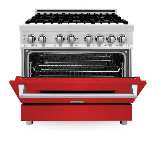 ZLINE 36 in. 4.6 cu. ft. Legacy Dual Fuel Range with 6 Burner Gas Cooktop and Electric Convection Oven in Stainless Steel and Red Matte Door (RA-RM-36)