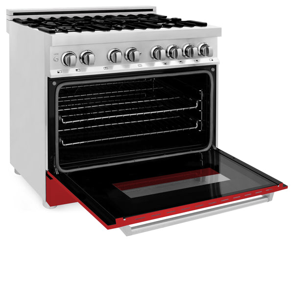 ZLINE 36 in. 4.6 cu. ft. Legacy Dual Fuel Range with 6 Burner Gas Cooktop and Electric Convection Oven in Stainless Steel and Red Matte Door (RA-RM-36)