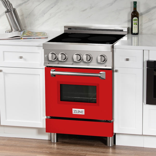 ZLINE 24 in. 2.8 cu. ft. Legacy Induction Range with 4 Element Cooktop and Electric Oven in Stainless Steel and Red Matte Door, Open Box-Great Condition