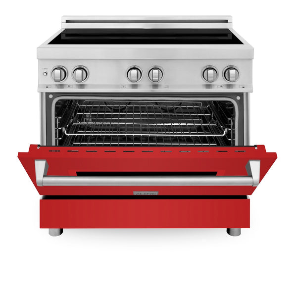 ZLINE 36 in. 4.6 cu. ft. Legacy Induction Range with 5 Element Cooktop and Electric Oven in Stainless Steel and Red Matte Door, Open Box-Great Condition
