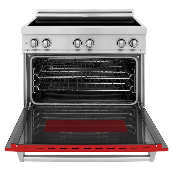 ZLINE 36 in. 4.6 cu. ft. Legacy Induction Range with 5 Element Cooktop and Electric Oven in Stainless Steel and Red Matte Door, Open Box-Great Condition