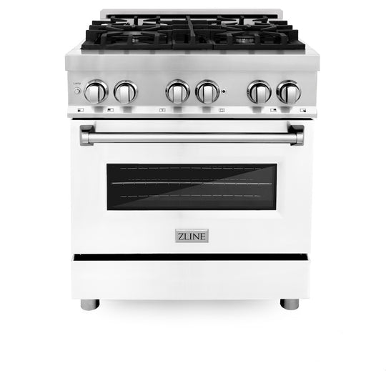ZLINE 30 in. 4.0 cu. ft. Legacy Dual Fuel Range with 4 Burner Gas Cooktop and Electric Convection Oven in Stainless Steel and White Matte Door (RA-WM-30)