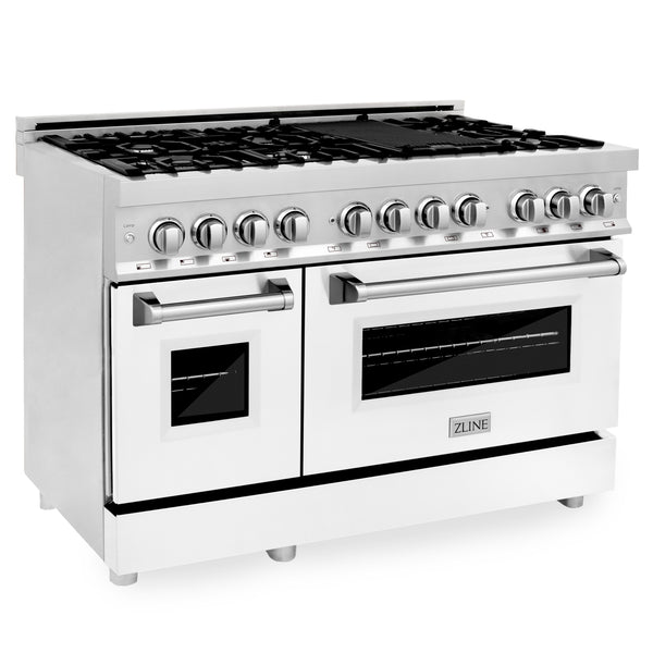 ZLINE 48 in. 6.0 cu. ft. Legacy Dual Fuel Range with 7 Burner Gas Cooktop and 2 Electric Ovens in Stainless Steel and White Matte Doors (RA-WM-48)