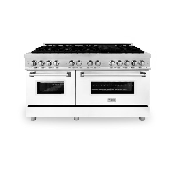 ZLINE 60 in. 7.4 cu. ft. Legacy Dual Fuel Range with 9 Burner Gas Cooktop and 2 Electric Convection Ovens in Stainless Steel and White Matte Doors (RA-WM-60)