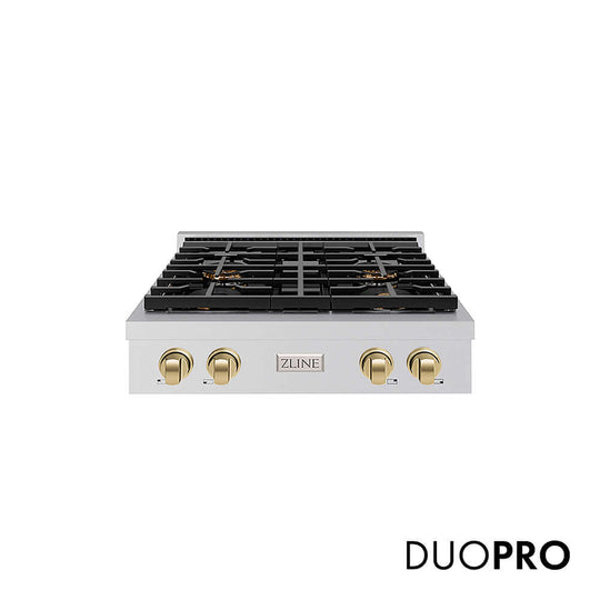 ZLINE Autograph Edition 30 in. Paramount Gas Rangetop with 4 Burner DuoPro™ Cooktop in Stainless Steel and Champagne Bronze Accents, Open Box-Good Condition