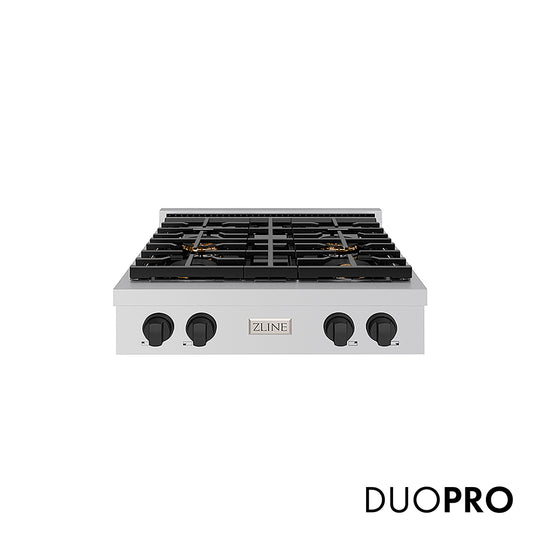 ZLINE Autograph Edition 30 in. Paramount Gas Rangetop with 4 Burner DuoPro™ Cooktop in Stainless Steel and Matte Black Accents, Open Box-Great Condition