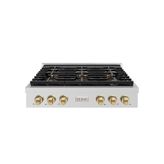 ZLINE Autograph Edition 36 in. Paramount Gas Rangetop with 6 Burner DuoPro™ Cooktop in Stainless Steel and Champagne Bronze Accents (PSRTZ-36-CB)