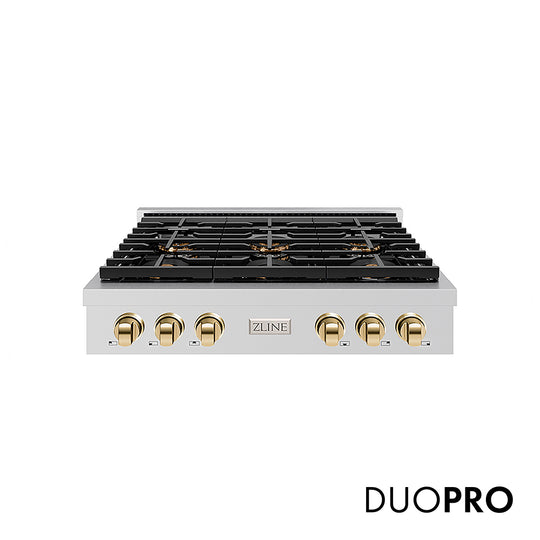 ZLINE Autograph Edition 36 in. Paramount Gas Rangetop with 6 Burner DuoPro™ Cooktop in Stainless Steel and Polished Gold Accents, Open Box-Great Condition