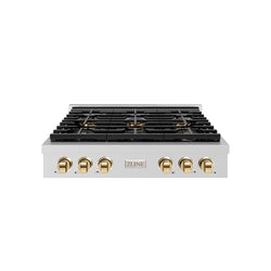 ZLINE Autograph Edition 36 in. Paramount Gas Rangetop with 6 Burner DuoPro™ Cooktop in Stainless Steel and Polished Gold Accents (PSRTZ-36-G)