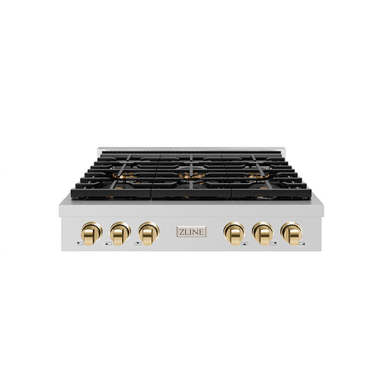 ZLINE Autograph Edition 36 in. Paramount Gas Rangetop with 6 Burner DuoPro™ Cooktop in Stainless Steel and Polished Gold Accents (PSRTZ-36-G)