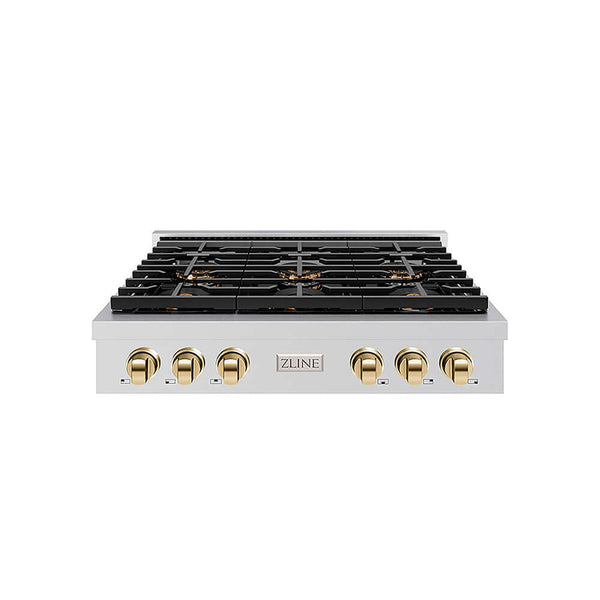 ZLINE Autograph Edition 36 in. Paramount Gas Rangetop with 6 Burner DuoPro™ Cooktop in Stainless Steel and Polished Gold Accents, Open Box-Good Condition