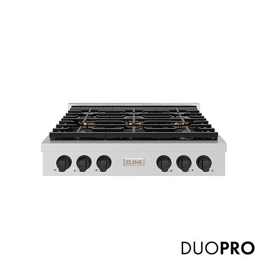 ZLINE Autograph Edition 36 in. Paramount Gas Rangetop with 6 Burner DuoPro™ Cooktop in Stainless Steel and Matte Black Accents, Open Box-Great Condition