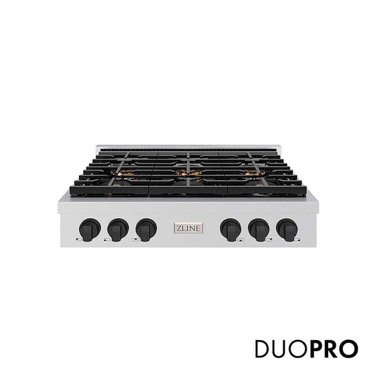 ZLINE Autograph Edition 36 in. Paramount Gas Rangetop with 6 Burner DuoPro™ Cooktop in Stainless Steel and Matte Black Accents, Open Box-Good Condition