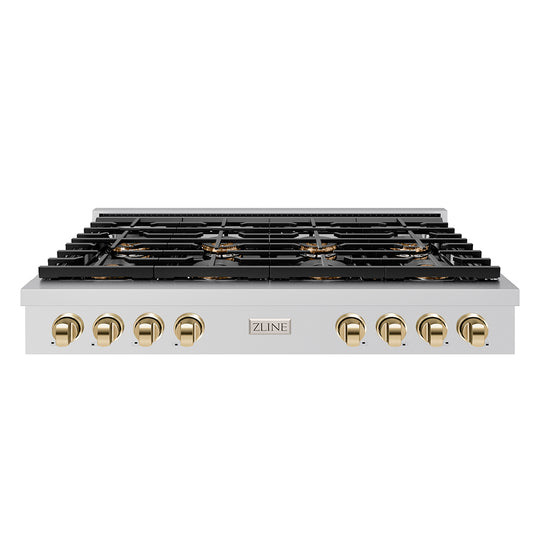 ZLINE Autograph Edition 48 in. Paramount Gas Rangetop with 8 Burner DuoPro™ Cooktop in Stainless Steel and Polished Gold Accents (PSRTZ-48-G)