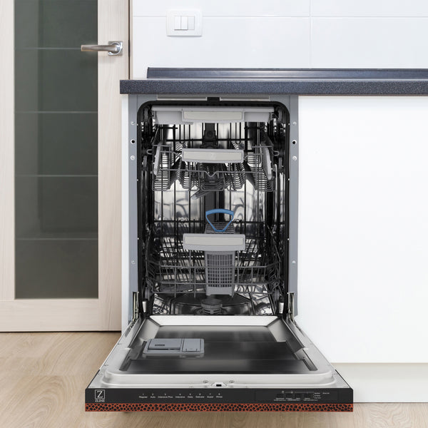 ZLINE 18 in. Tallac Series 3rd Rack Dishwasher with Auto Door Open Drying, 51dBa, Hand-Hammered Copper Panel (DWV-HH-18)