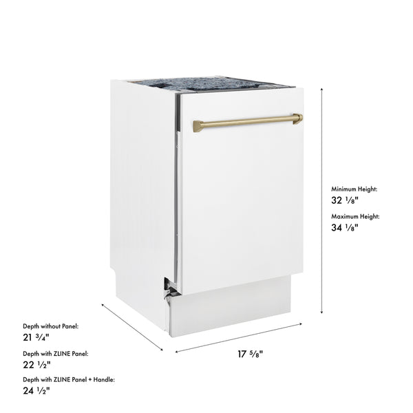 ZLINE Autograph Edition 18 in. Tallac Series 3rd Rack Dishwasher with Auto Door Open Drying, 51dBa, White Matte Panel with Champagne Bronze Handle (DWVZ-WM-18-CB)