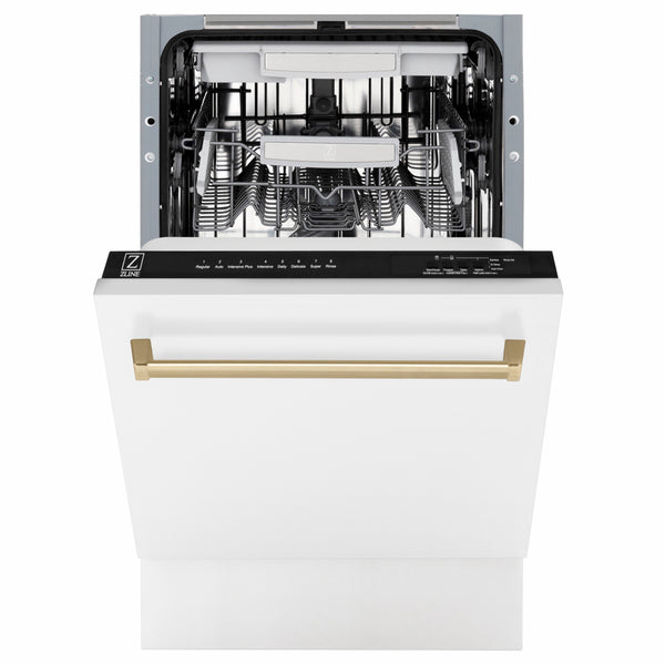 ZLINE Autograph Edition 18 in. Tallac Series 3rd Rack Dishwasher with Auto Door Open Drying, 51dBa, White Matte Panel with Champagne Bronze Handle (DWVZ-WM-18-CB)