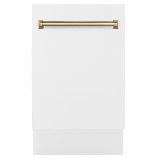 ZLINE Autograph Edition 18 in. Tallac Series 3rd Rack Dishwasher with Auto Door Open Drying, 51dBa, White Matte Panel with Champagne Bronze Handle (DWVZ-WM-18-CB)