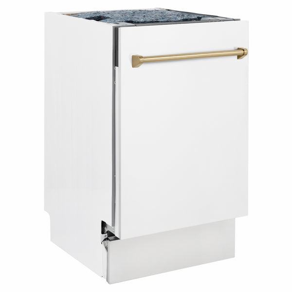 ZLINE Autograph Edition 18 in. Tallac Series 3rd Rack Dishwasher with Auto Door Open Drying, 51dBa, White Matte Panel with Champagne Bronze Handle (DWVZ-WM-18-CB)