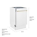 ZLINE Autograph Edition 18 in. Tallac Series 3rd Rack Dishwasher with Auto Door Open Drying, 51dBa, White Matte Panel with Polished Gold Handle (DWVZ-WM-18-G)