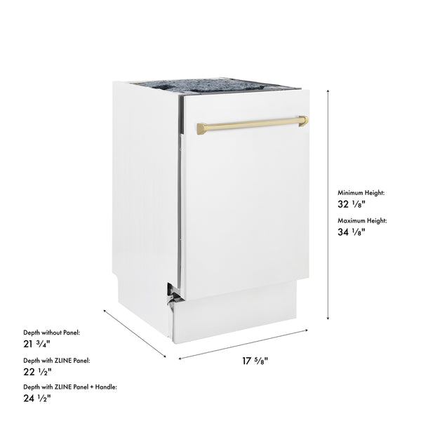 ZLINE Autograph Edition 18 in. Tallac Series 3rd Rack Dishwasher with Auto Door Open Drying, 51dBa, White Matte Panel with Polished Gold Handle (DWVZ-WM-18-G)