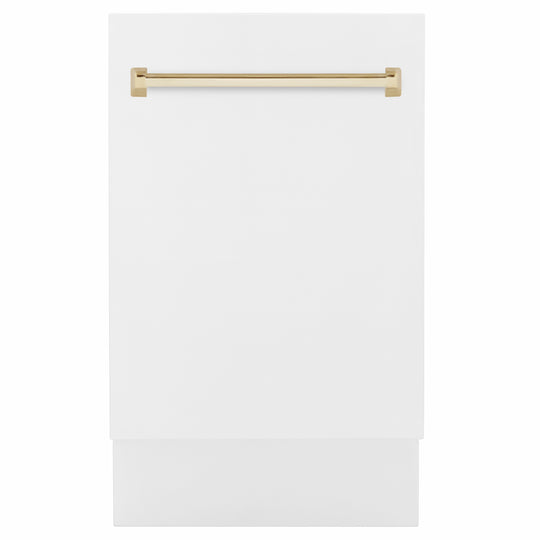 ZLINE Autograph Edition 18 in. Tallac Series 3rd Rack Dishwasher with Auto Door Open Drying, 51dBa, White Matte Panel with Polished Gold Handle (DWVZ-WM-18-G)