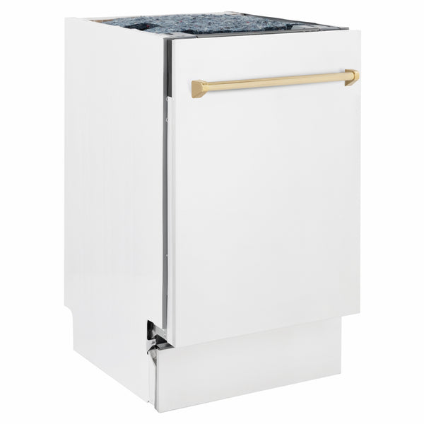ZLINE Autograph Edition 18 in. Tallac Series 3rd Rack Dishwasher with Auto Door Open Drying, 51dBa, White Matte Panel with Polished Gold Handle (DWVZ-WM-18-G)