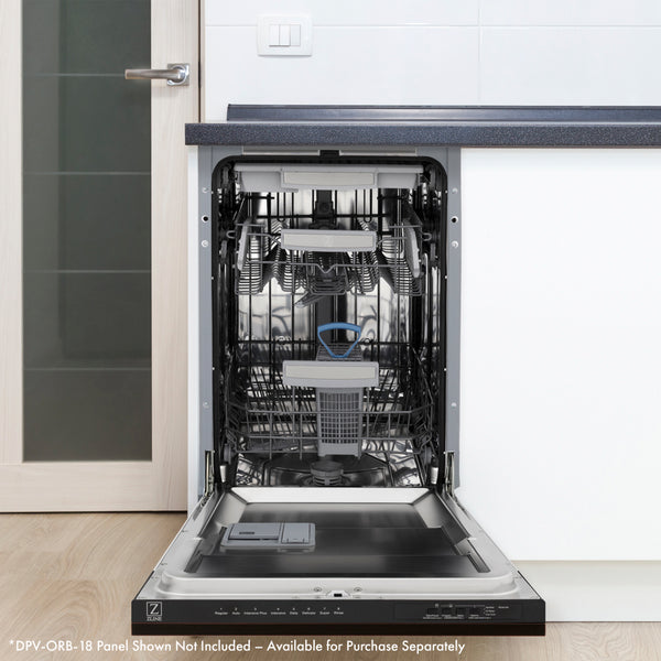ZLINE Autograph Edition 18 in. Tallac Series 3rd Rack Dishwasher with Auto Door Open Drying, 51dBa, Panel Ready with Matte Black Handle (DWVZ-18-MB)