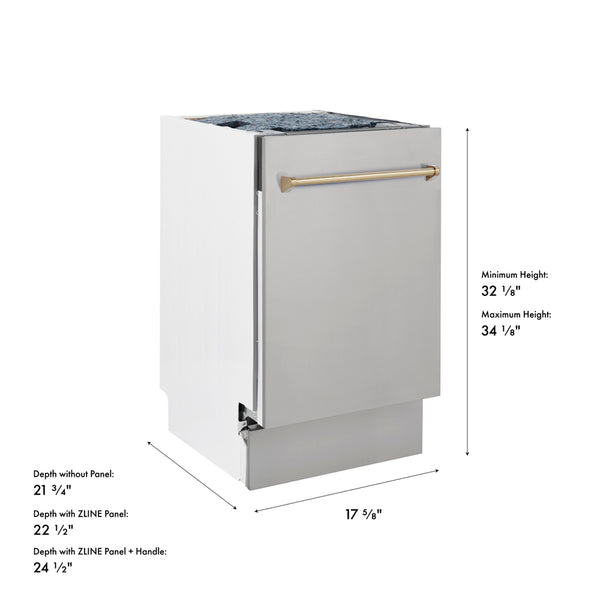 ZLINE Autograph Edition 18 in. Tallac Series 3rd Rack Dishwasher with Auto Door Open Drying, 51dBa, Stainless Steel Panel with Champagne Bronze Handle (DWVZ-304-18-CB)