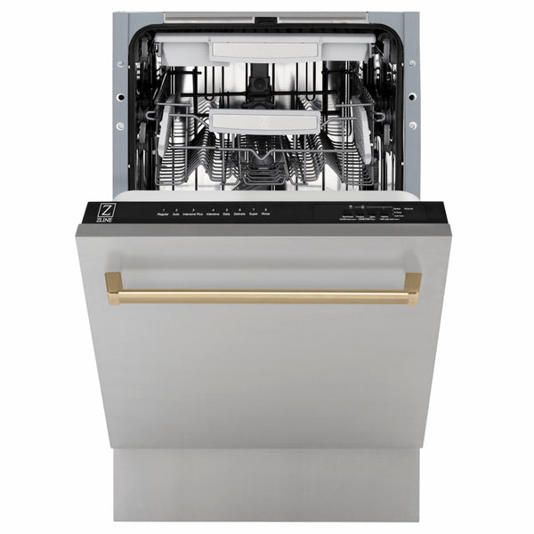 ZLINE Autograph Edition 18 in. Tallac Series 3rd Rack Dishwasher with Auto Door Open Drying, 51dBa, Stainless Steel Panel with Champagne Bronze Handle (DWVZ-304-18-CB)