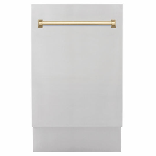 ZLINE Autograph Edition 18 in. Tallac Series 3rd Rack Dishwasher with Auto Door Open Drying, 51dBa, Stainless Steel Panel with Champagne Bronze Handle (DWVZ-304-18-CB)
