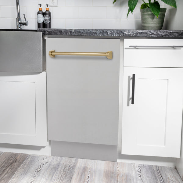 ZLINE Autograph Edition 18 in. Tallac Series 3rd Rack Dishwasher with Auto Door Open Drying, 51dBa, Stainless Steel Panel with Champagne Bronze Handle (DWVZ-304-18-CB)