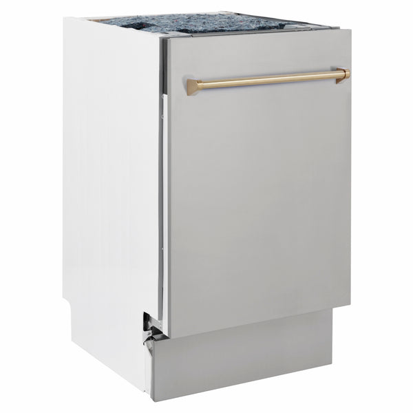 ZLINE Autograph Edition 18 in. Tallac Series 3rd Rack Dishwasher with Auto Door Open Drying, 51dBa, Stainless Steel Panel with Champagne Bronze Handle (DWVZ-304-18-CB)