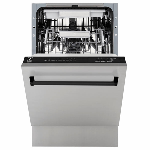 ZLINE Autograph Edition 18 in. Tallac Series 3rd Rack Dishwasher with Auto Door Open Drying, 51dBa, Stainless Steel Panel with Matte Black Handle (DWVZ-304-18-MB)