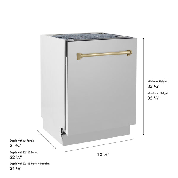 ZLINE Autograph Edition 24 in. Tallac Series 3rd Rack Dishwasher with Auto Door Open Drying, 51dBa, Stainless Steel Panel with Champagne Bronze Handle (DWVZ-304-24-CB)